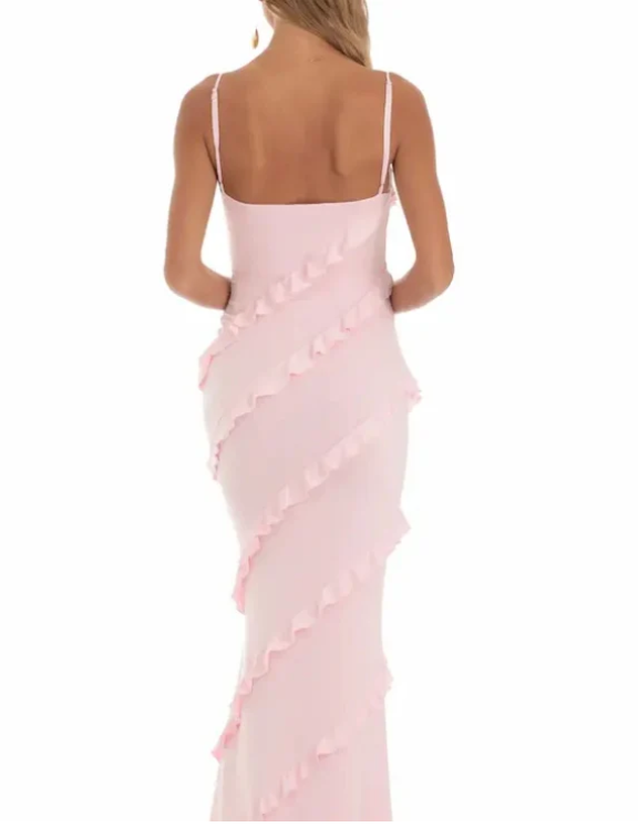 Elegant Pink Ruffled Prom Dress Sheath Evening Gown V-neck Party Dress Long Formal Dress TP4776