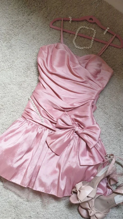 Vintage Pink Spaghetti Strap Homecoming Dress Sheath Sweetheart Party Dress Short Satin Cocktail Dress TP4799