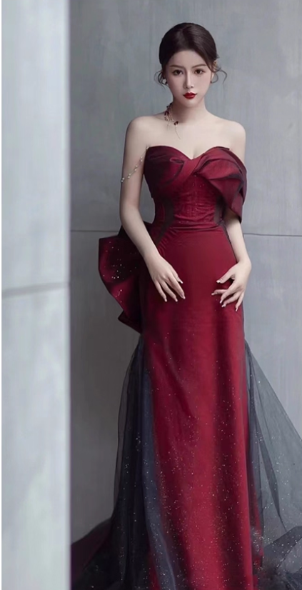 Elegant Burgundy Mermaid Prom Dress Sweetheart Evening Gown Bowknot Party Dress Long Formal Dress TP4798