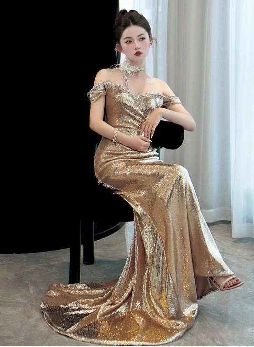 Elegant Golden Mermaid Prom Dress Off-the-shoulder Evening Gown Party Dress Long Formal Dress TP4797