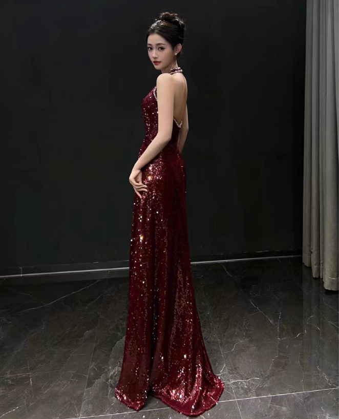 Elegant Burgundy Sheath Prom Dress V-neck Sequin Evening Gown Party Dress Long Formal Dress TP4796