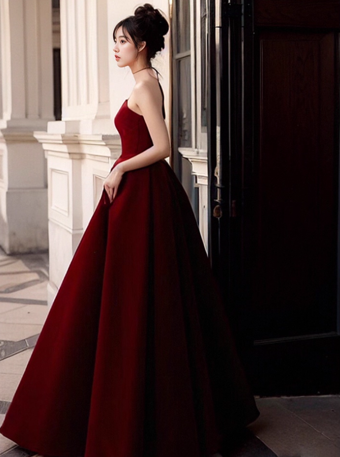 Elegant Burgundy A-Line Prom Dress V-neck Strapless Evening Gown Party Dress Long Formal Dress TP4795