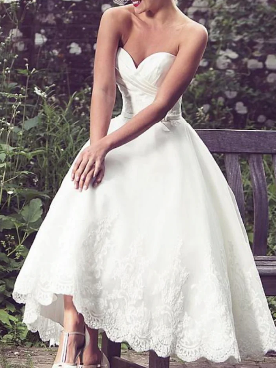 Elegant White Applique Cap Sleeve Tea Length A-Line Wedding Dress TP4820