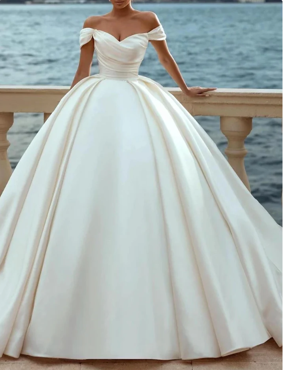 Elegant White Satin Sweetheart Off-the-shoulder A-Line Long Wedding Dress TP4821