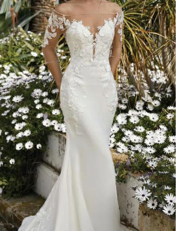 Elegant White Applique Sweetheart Off-the-shoulder Mermaid Satin Trailing Long Wedding Dress TP4824