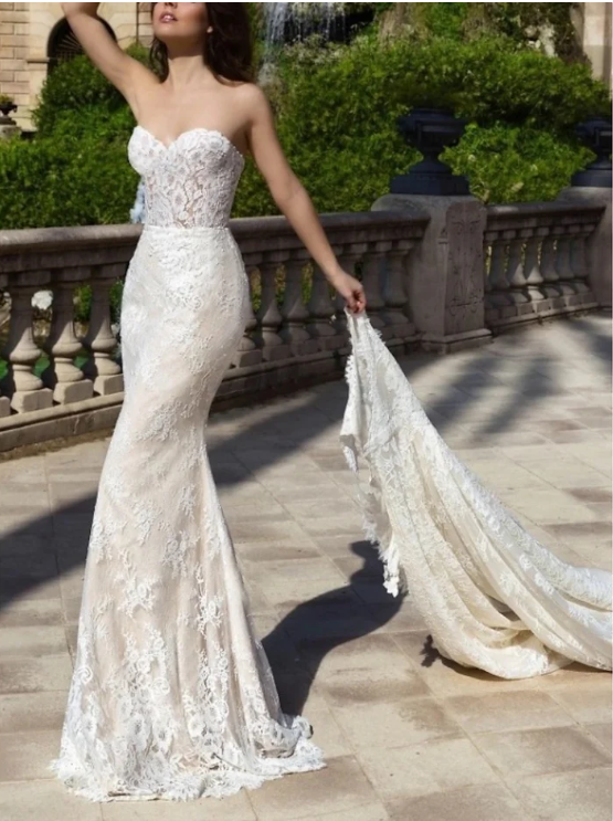 Elegant Ivory Lace Sweetheart Mermaid Straps Trailing Long Wedding Dress TP4826