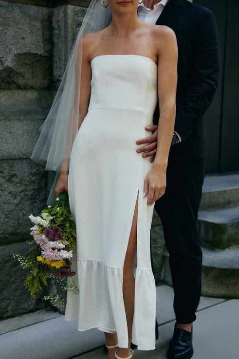 Elegant White Satin Strapless High Slit Sheath Wedding Dress TP4831
