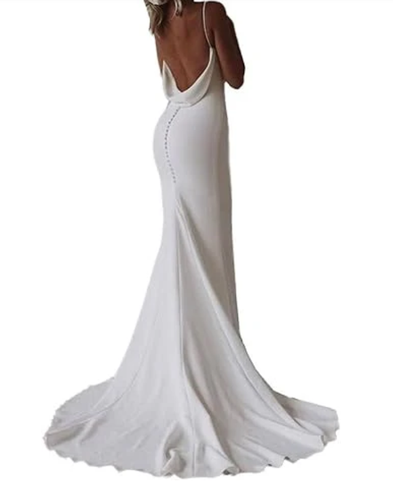 Elegant White Satin Straps V-neck Sheath Trailing Long Wedding Dress TP4832
