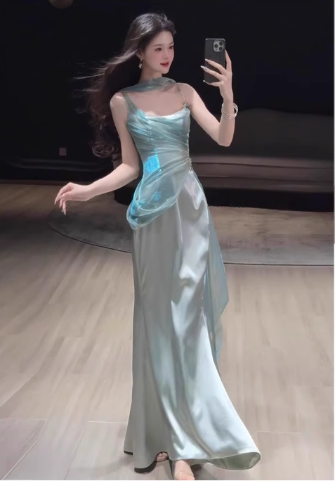 Elegant Aqua Spaghetti Strap Prom Dress Satin Evening Gown Sheath Party Dress Long Formal Dress TP4841
