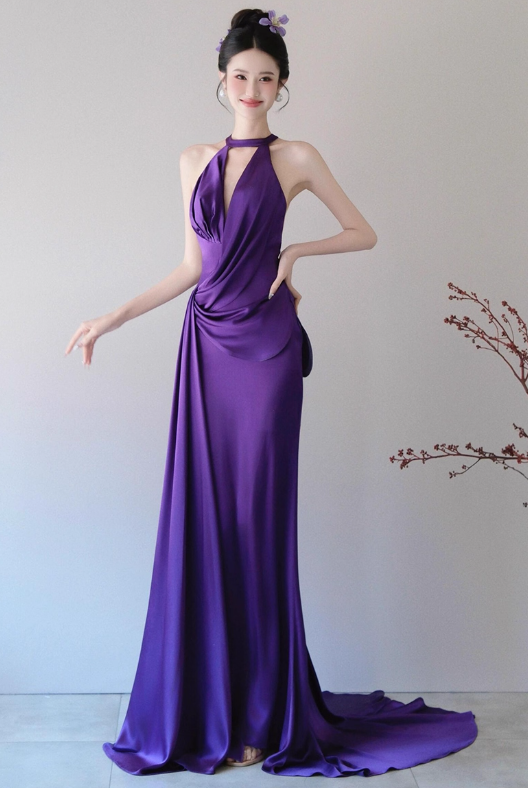 Elegant Purple V-neck Prom Dress Satin Evening Gown Sheath Party Dress Trailing Long Formal Dress TP4840