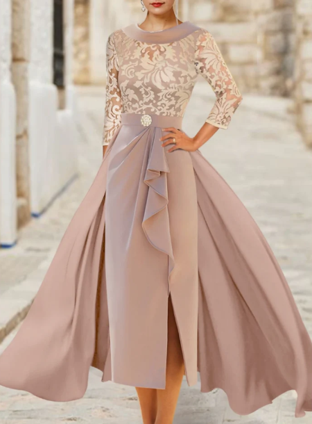 Elegant A-Line Scoop Neck Mother of Bride Dress Ruffled Ruching Evening Gown Satin Ankle Length Formal Dress TP4884
