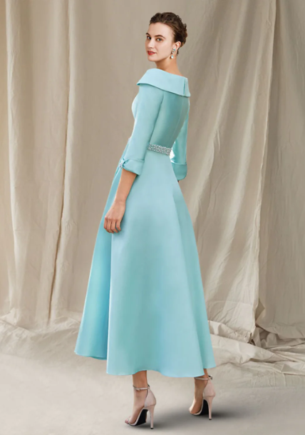 Elegant A-Line Bateau Neck Mother of Bride Dress Sash Ribbon Bow Evening Gown Satin Ankle Length Formal Dress TP4885