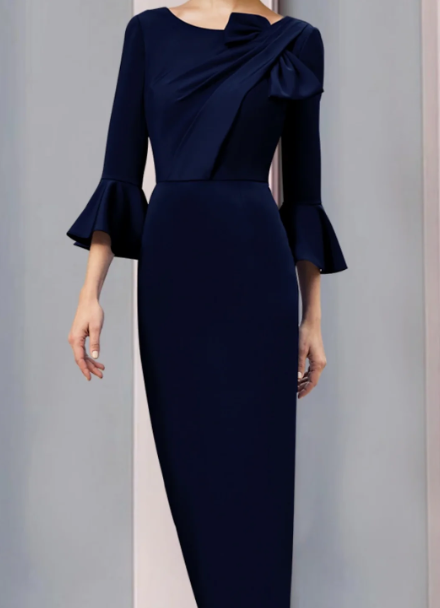 Elegant Navy Blue Sheath Bell Sleeve Mother of Bride Dress Scoop Neck Evening Gown Ankle Length Formal Dress TP4886