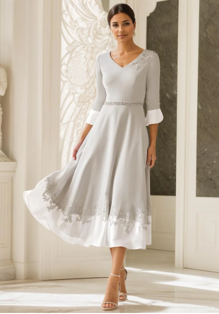 Elegant Appliqued Half Sleeve Mother of Bride Dress A-Line Evening Gown Tea Length Formal Dress TP4889