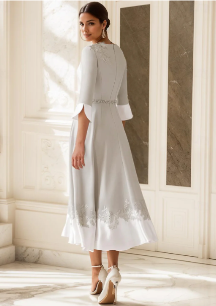 Elegant Appliqued Half Sleeve Mother of Bride Dress A-Line Evening Gown Tea Length Formal Dress TP4889