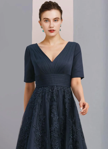 Vintage Appliqued Short-sleeved Mother of Bride Dress V-neck Evening Gown A-Line Long Formal Dress TP4890