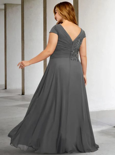Elegant Gray A-Line V-neck Beaded Mother of Bride Dress Beaded Evening Gown Chiffon Ankle Length Formal Dress TP4883