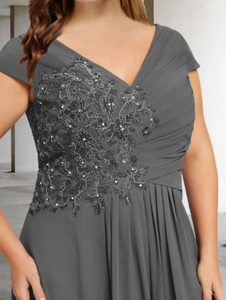 Elegant Gray A-Line V-neck Beaded Mother of Bride Dress Beaded Evening Gown Chiffon Ankle Length Formal Dress TP4883