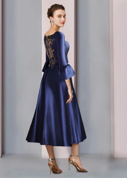 Elegant Embroidery Satin A-Line Mother of Bride Dress Bateau Neck Evening Gown Tea Length Formal Dress TP4881