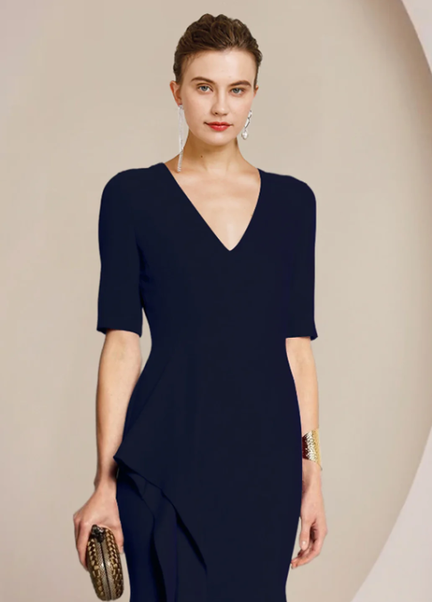 Elegant Navy Blue Sheath V-neck Mother of Bride Dress Slit Evening Gown Long Formal Dress TP4882