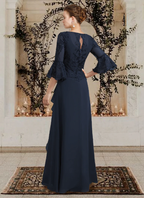 Elegant Navy Blue Embroidery Mother of Bride Dress Jewel Neck Evening Gown Ruffled Long Formal Dress TP4878