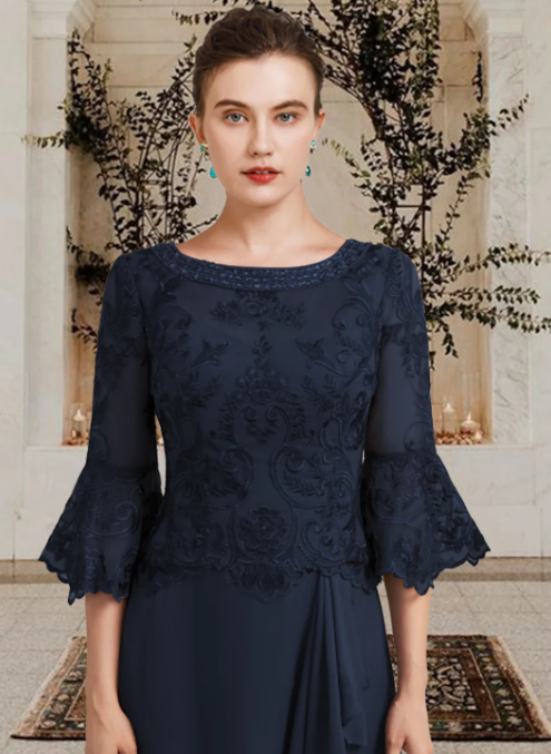 Elegant Navy Blue Embroidery Mother of Bride Dress Jewel Neck Evening Gown Ruffled Long Formal Dress TP4878