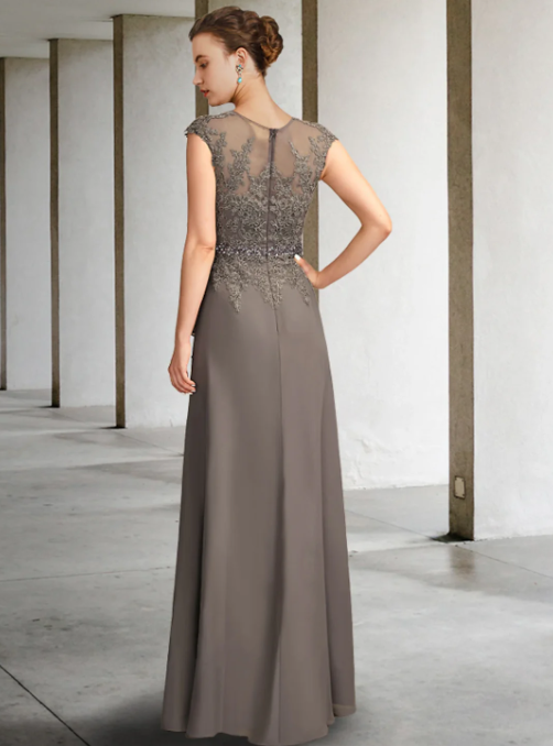 Vintage V-neck Chiffon Applique Mother of Bride Dress Cap Sleeve Evening Gown Floor Length Formal Dress TP4870