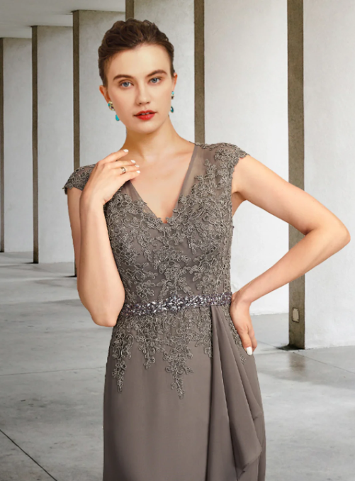 Vintage V-neck Chiffon Applique Mother of Bride Dress Cap Sleeve Evening Gown Floor Length Formal Dress TP4870