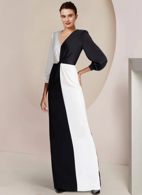 Vintage Sheath V-neck Satin Mother of Bride Dress Long Sleeve Evening Gown Floor Length Formal Dress TP4871
