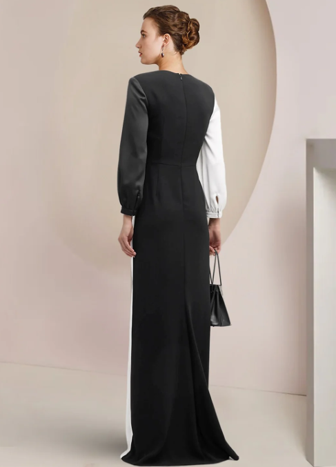 Vintage Sheath V-neck Satin Mother of Bride Dress Long Sleeve Evening Gown Floor Length Formal Dress TP4871
