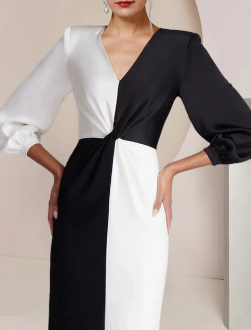 Vintage Sheath V-neck Satin Mother of Bride Dress Long Sleeve Evening Gown Floor Length Formal Dress TP4871