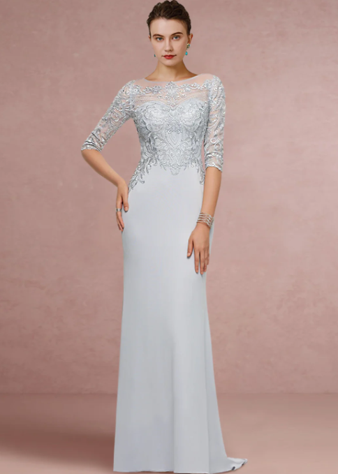 Vintage Sheath Scoop Neck Lace Sequined Mother of Bride Dress Half Sleeve Evening Gown Long Formal Dress TP4872