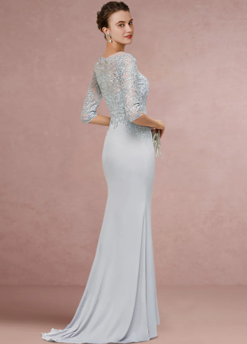 Vintage Sheath Scoop Neck Lace Sequined Mother of Bride Dress Half Sleeve Evening Gown Long Formal Dress TP4872