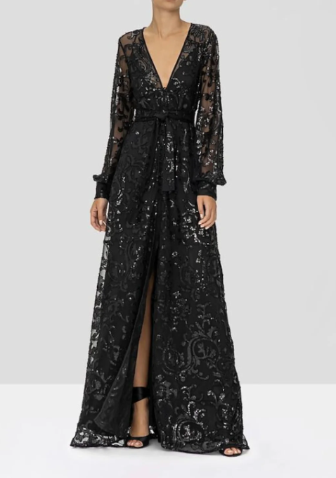 Elegant Black V-neck A-Line Lace Sequined Mother of Bride Dress Long-sleeved Evening Gown Long Formal Dress TP4873