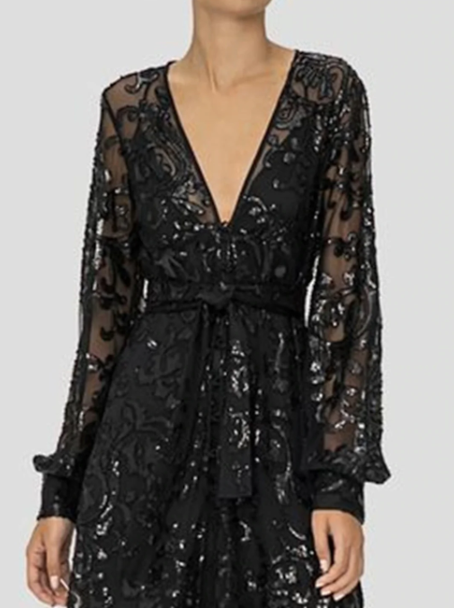 Elegant Black V-neck A-Line Lace Sequined Mother of Bride Dress Long-sleeved Evening Gown Long Formal Dress TP4873