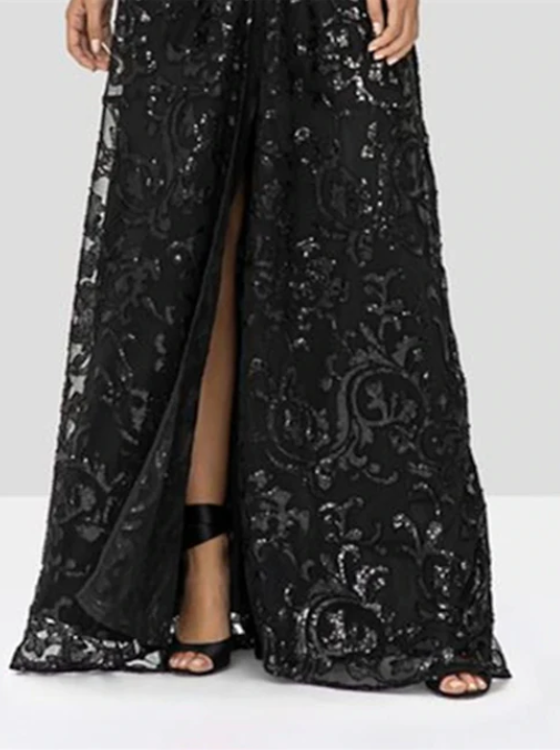 Elegant Black V-neck A-Line Lace Sequined Mother of Bride Dress Long-sleeved Evening Gown Long Formal Dress TP4873