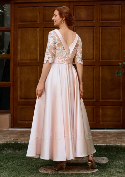 Elegant Pink Satin Mother of Bride Dress Half Sleeve Lace Evening Gown Ankle Length Formal Dress TP4876