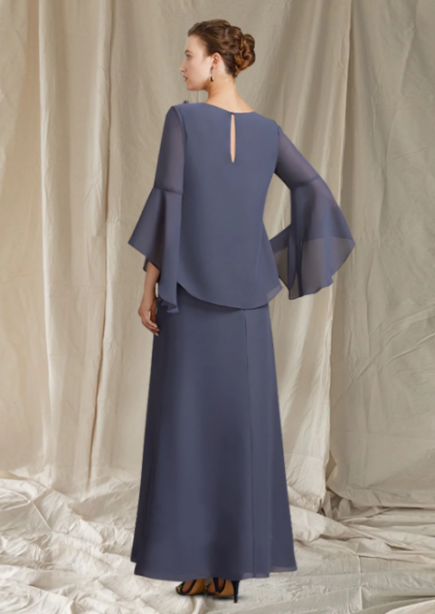 Elegant Chiffon Long-sleeved Two Piece Mother of Bride Dress Jewel Neck Evening Gown Long Formal Dress TP4877