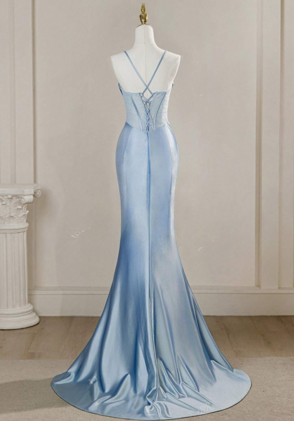 Vintage Sky Blue Applique Sequin Sheath Sweetheart Satin Evening Gown Spaghetti Strap Party Dress Slit Ruffled Long Formal Dress TP4902