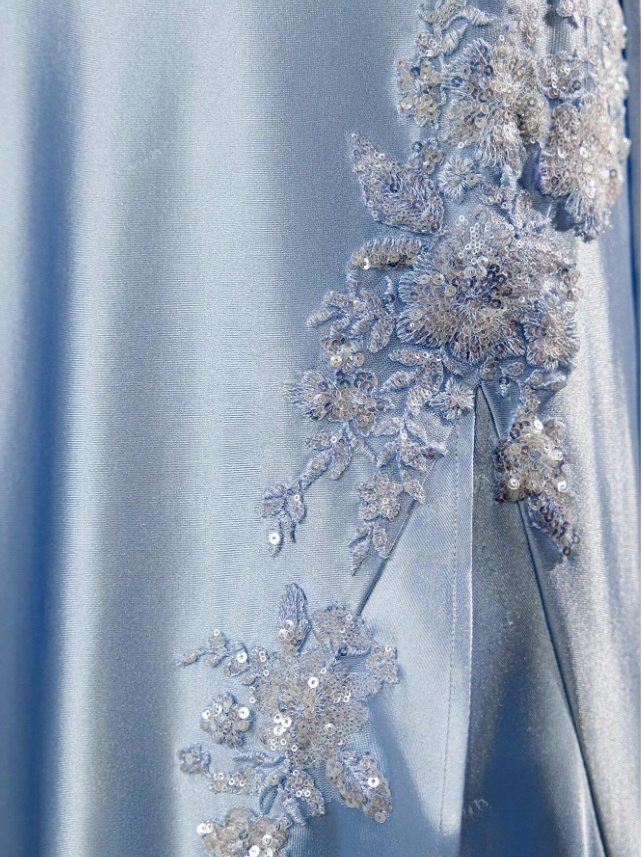 Vintage Sky Blue Applique Sequin Sheath Sweetheart Satin Evening Gown Spaghetti Strap Party Dress Slit Ruffled Long Formal Dress TP4902