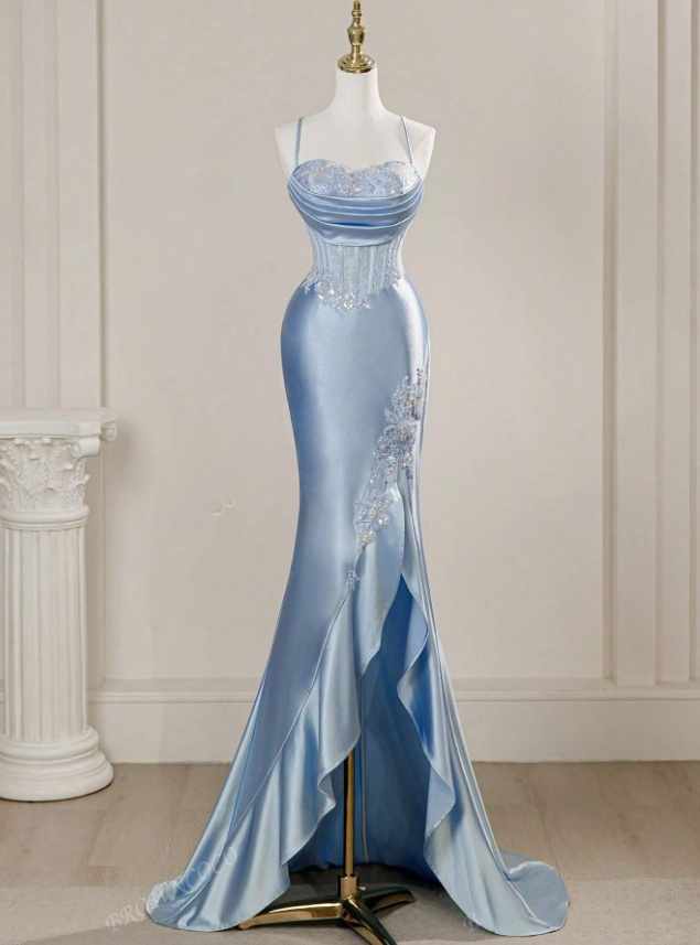 Vintage Sky Blue Applique Sequin Sheath Sweetheart Satin Evening Gown Spaghetti Strap Party Dress Slit Ruffled Long Formal Dress TP4902