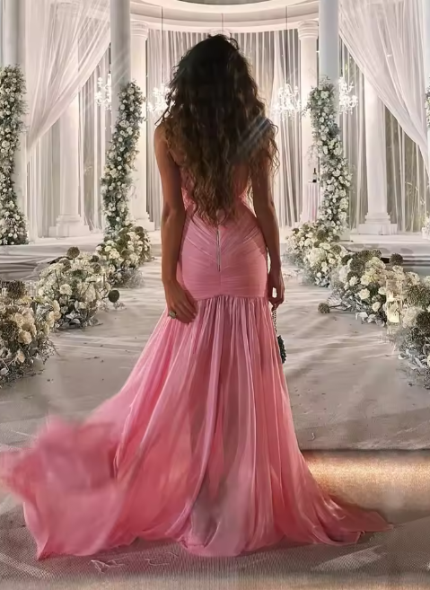 Vintage Pink Sweetheart Evening Dress Sheath Strapless Slit Chiffon Long Prom Dress TP5056