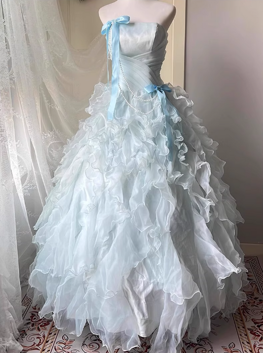 Chic Sky Blue A-Line Evening Gown Strapless Ribbon Bow Ball Gown Long Ruffled Tulle Formal Dress TP4911
