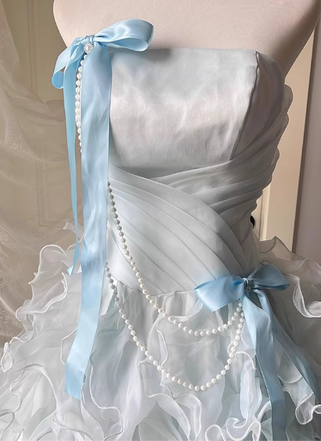 Chic Sky Blue A-Line Evening Gown Strapless Ribbon Bow Ball Gown Long Ruffled Tulle Formal Dress TP4911