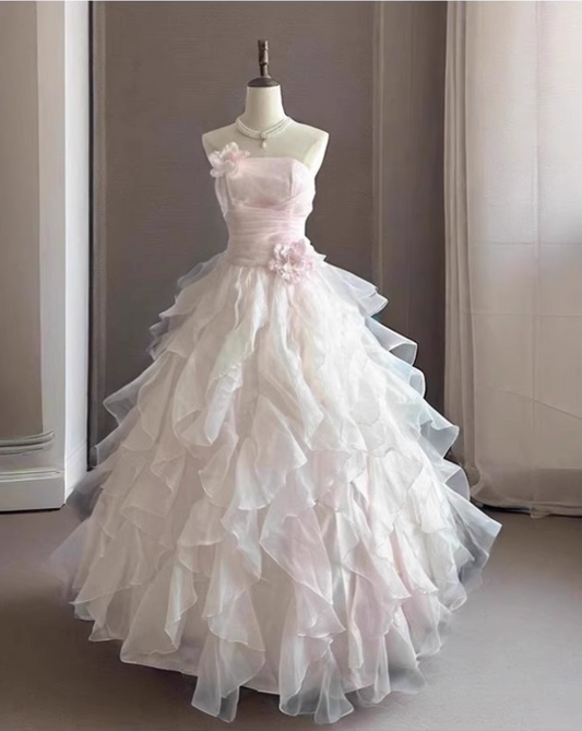 Chic Light Pink A-Line Evening Gown Strapless 3D Flowers  Ball Gown Long Ruffled Tulle Formal Dress TP4912