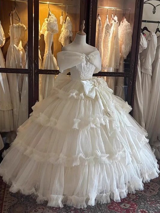 Gorgeous Ivory Applique Beaded Off-the-shoulder Sweet 16 Quinceanera A-Line Tulle Evening Dress Ball Gown TP4913