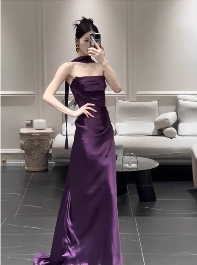 Chic Purple Satin Sheath Evening Gown Strapless Party Dress Long Formal Dress TP4917