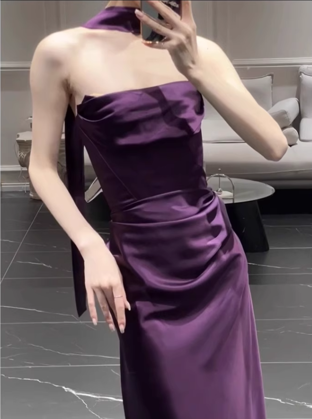 Chic Purple Satin Sheath Evening Gown Strapless Party Dress Long Formal Dress TP4917