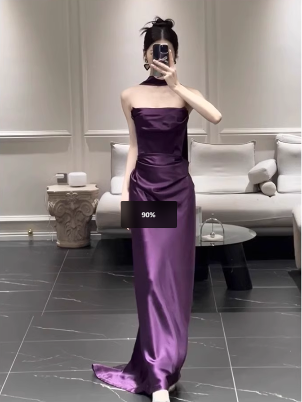 Chic Purple Satin Sheath Evening Gown Strapless Party Dress Long Formal Dress TP4917