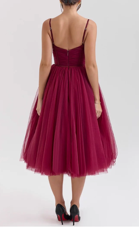 Elegant Burgundy A-Line Evening Gown Sweetheart Spaghetti Strap Party Dress Tulle Long Formal Dress TP4930